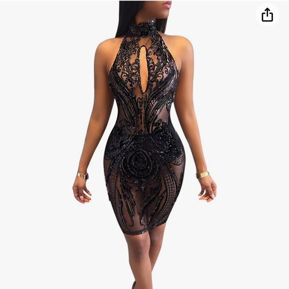 MESH SEQUIN BODYCON HALTER DRESS
